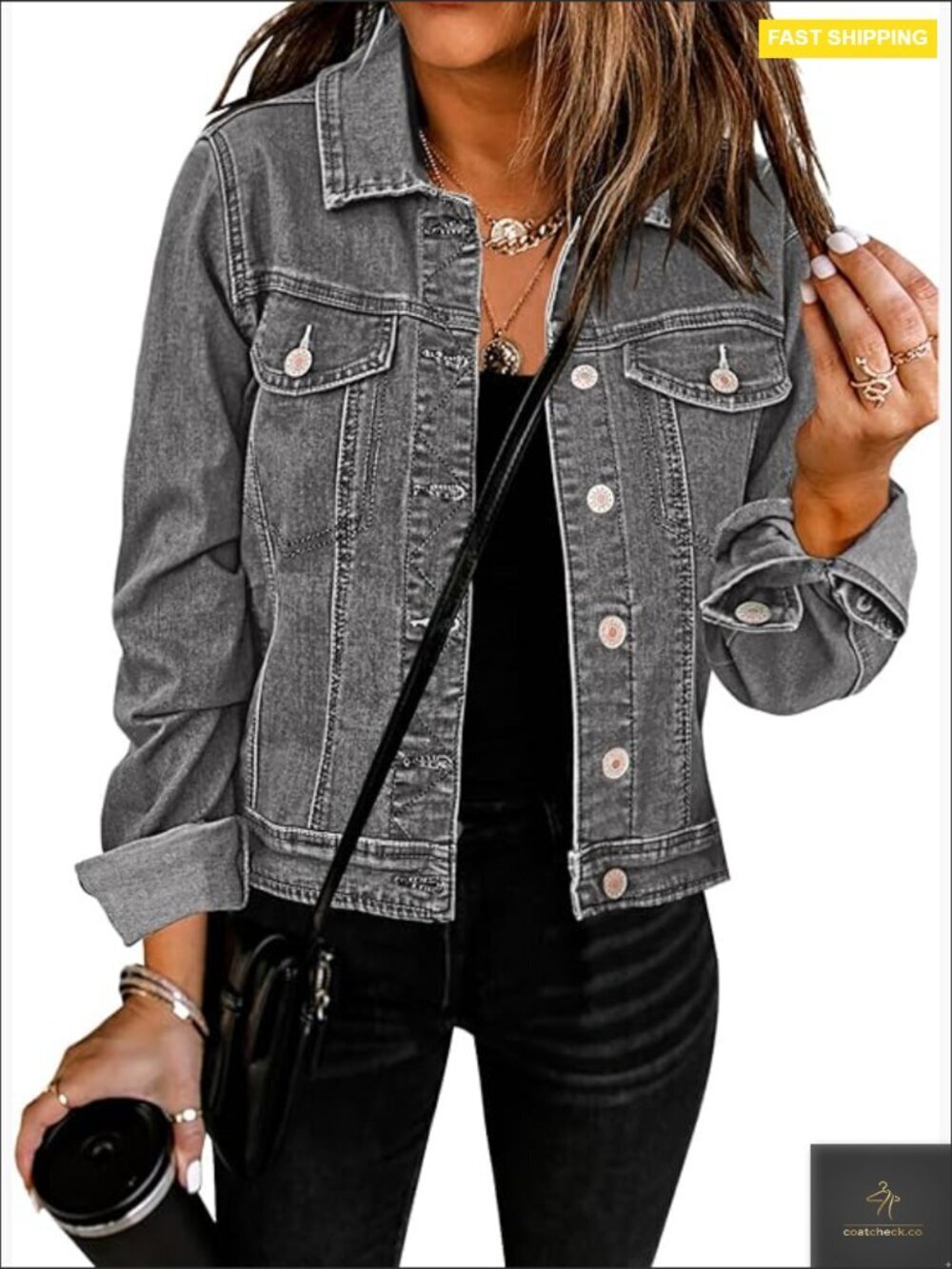 Classic Denim Trucker Jacket Stretchy Button Down Long Sleeve Vintage Chic